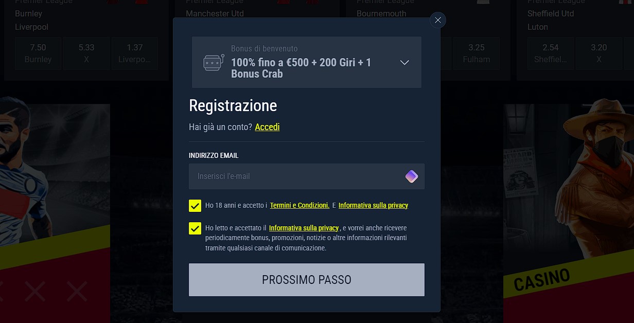 registrazione al casinò di Rabona